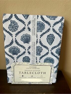 Envogue Tablecloth Coastal Seashell Blue White 60”x102” Oblong New